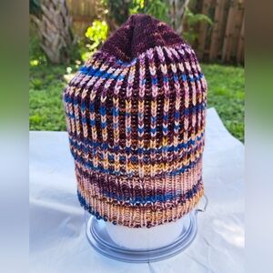 Knit Brioche Stocking Cap Hat Beanie Hand Dyed Wool Pink Burgundy Blue Striped